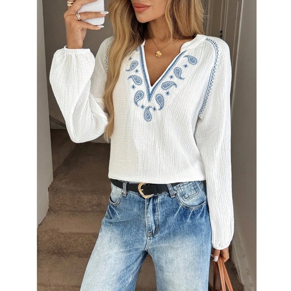 100% Cotton Embroidered White Long Sleeve Shirt V-Neck - Picture 12 of 14